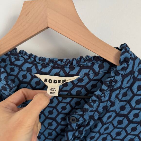 Boden US 16-18 Ruffle Detail Soft Jersey Button Up Shirt High Neck Blue Geo - Picture 4 of 4